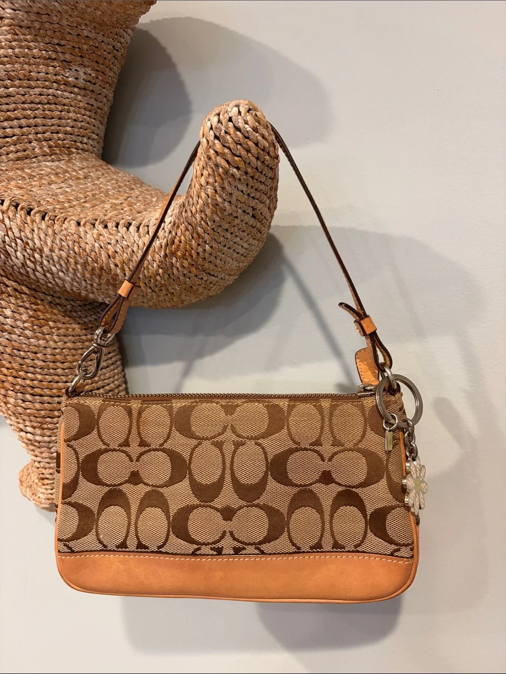 Coach Brown Tan Signature Canvas Shoulder Bag with Leather Trim #6094
